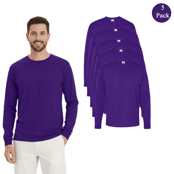 Hanes Long Sleeve Crewneck T-Shirt for Men, 5 Pack 100% Cotton Classic Tee, Athletic Purple, M