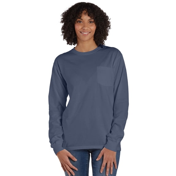 Hanes Unisex Garment Dyed Long Sleeve Pocket T-Shirt Anchor Slate S