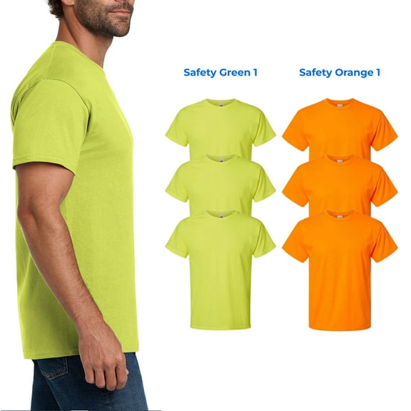 Hanes Men Essential High Visibility T-Shirt, Short Sleeve Work Tee, Safety Orange-Green, 6 Pack, 2XL