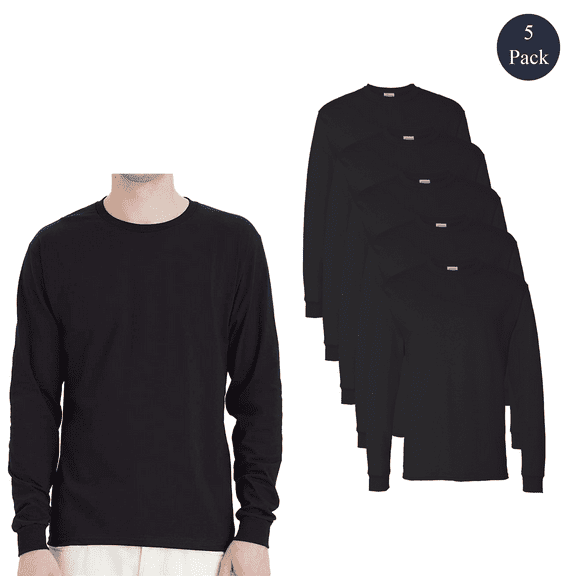 Hanes Men Essential-T Long Sleeve T-Shirt, Comfortable Crew Neck Solid Color Tee, Black, 5-Pack, XL