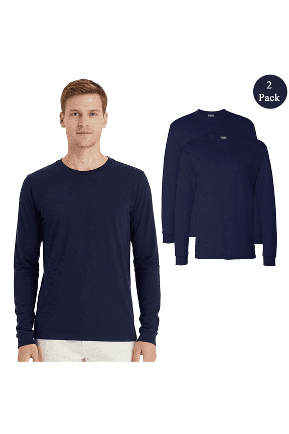 Men Essential-T Long Sleeve T-Shirt, Durable Crew Neck Classic Fit Casual Tee, Navy 2-Pack M
