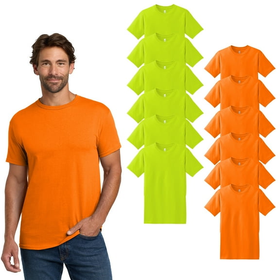 Hanes Men High Visibility T-Shirt, 12-Pack, Orange and Green, Short Sleeve Safety Work Shirt, S-5XL