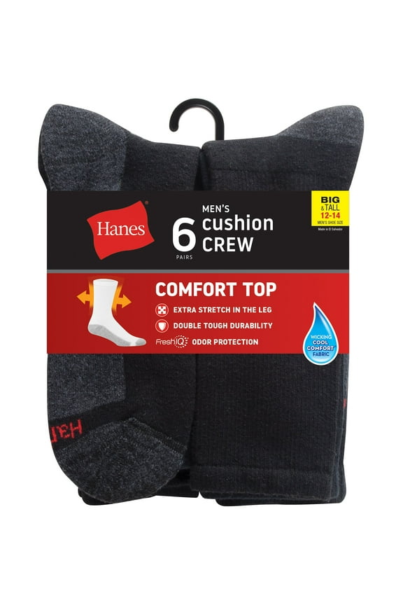 Crew Socks 6-Pack Men's Max Cushion Big & Tall Wicking Cool Comfort 12-14