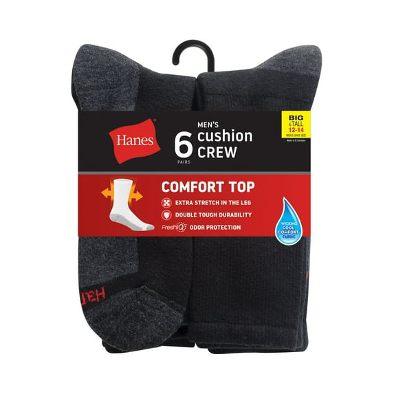 Hanes Crew Socks 6-Pack Men's Max Cushion Big & Tall Wicking Cool Comfort 12-14