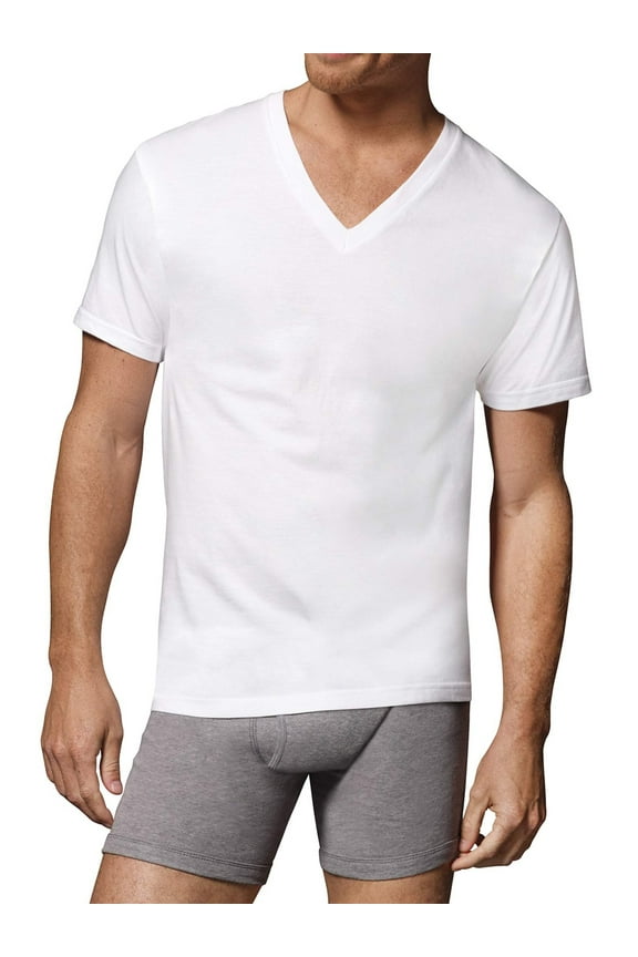 Men's 100% Cotton All Day Flex Fabric Soft V-Neck Undershirt 3-Pack (White, Small 34-36")