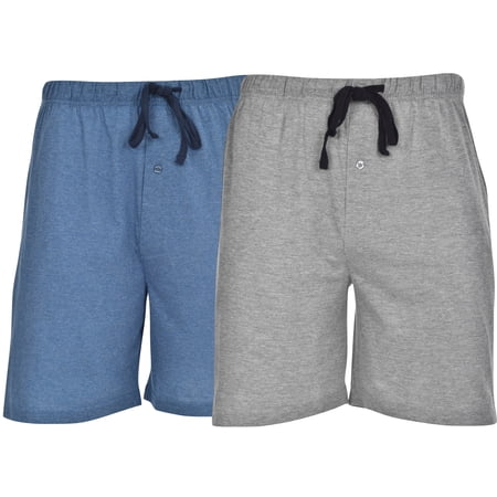 Hanes Men's 2-Pack Cotton Lounge Drawstring Knit Shorts with Waistband & Pockets, Grey Heather/Chambrey Blue, Small