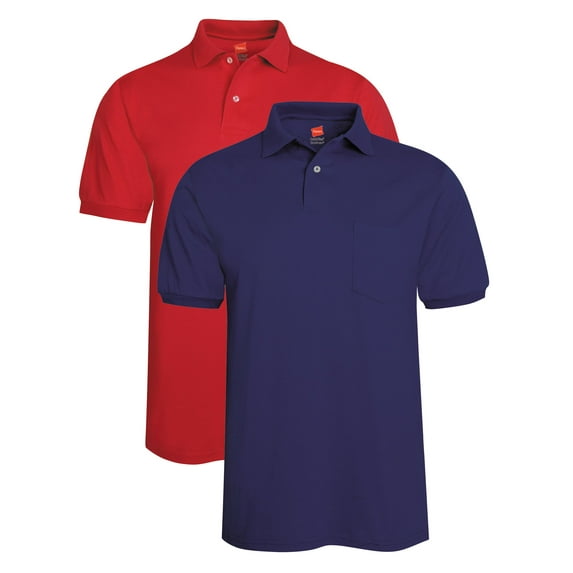 Hanes Men's 2 Pack Short Sleeve Jersey Pocket Polo, Deep Red/Navy, Large