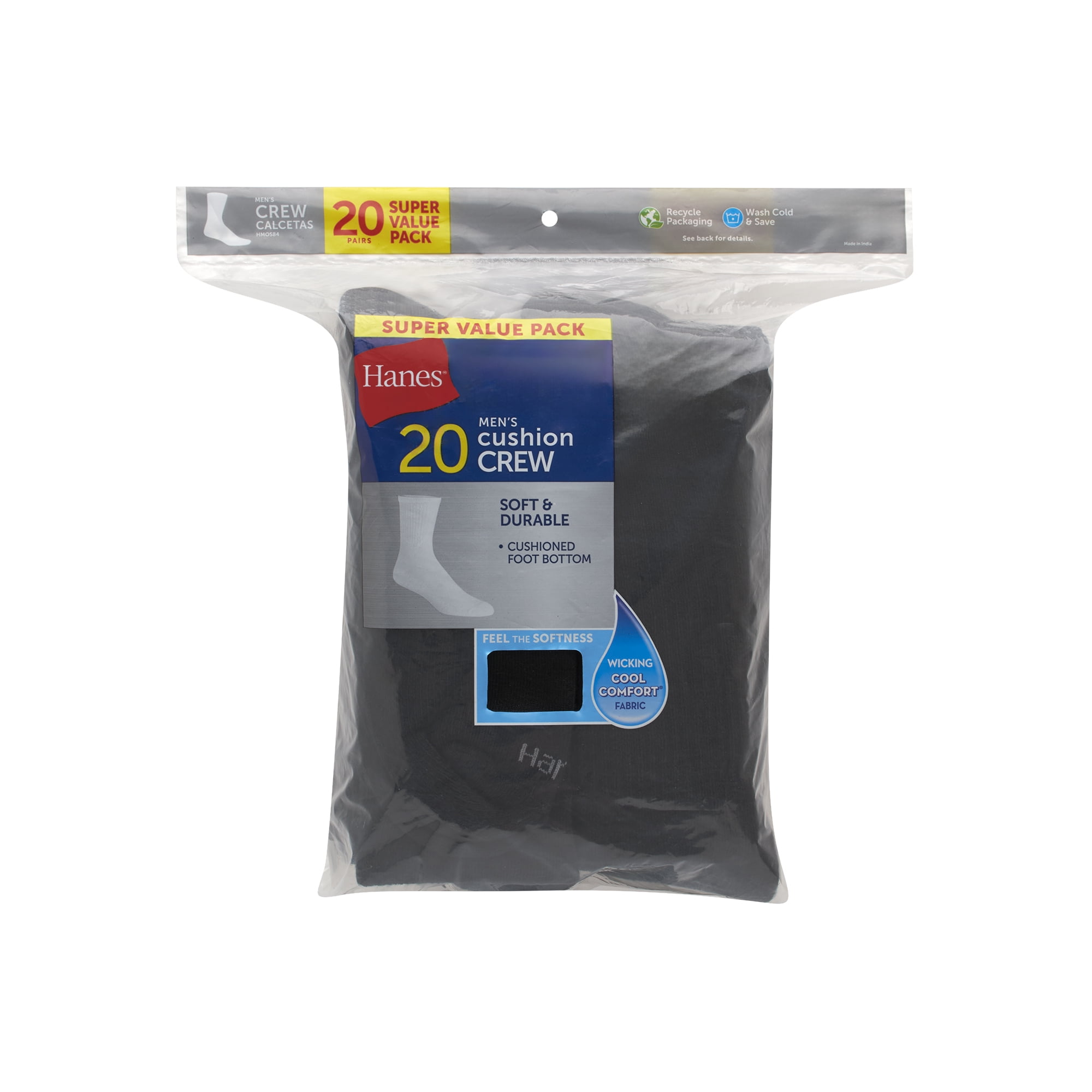 Hanes Men s Moisture-Wicking Crew Socks, 20-Pairs Black