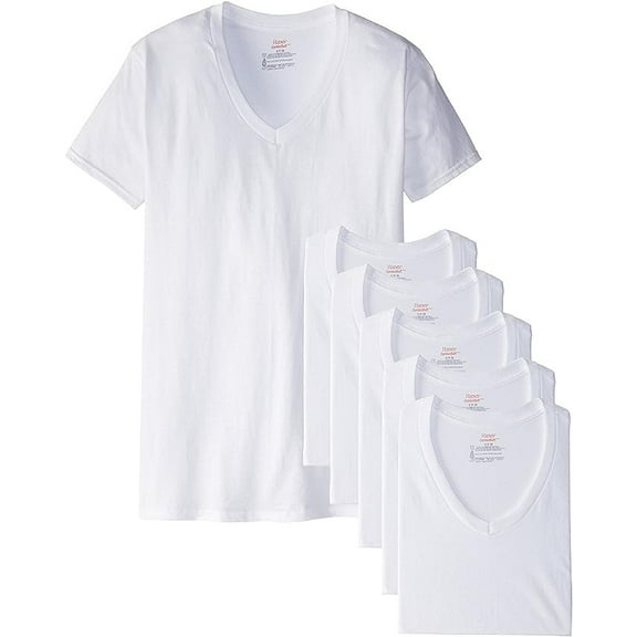 Hanes Men's 6-Pack Best Tagless Ring Spun Cotton V Neck Short Sleeve T-Shirts (White, L (42-44))