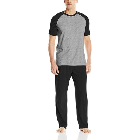 Hanes Men's Adult X-Temp Short Sleeve Cotton Raglan Shirt and Pants Pajamas Pjs Sleepwear Lounge Set - Black (X-Large)