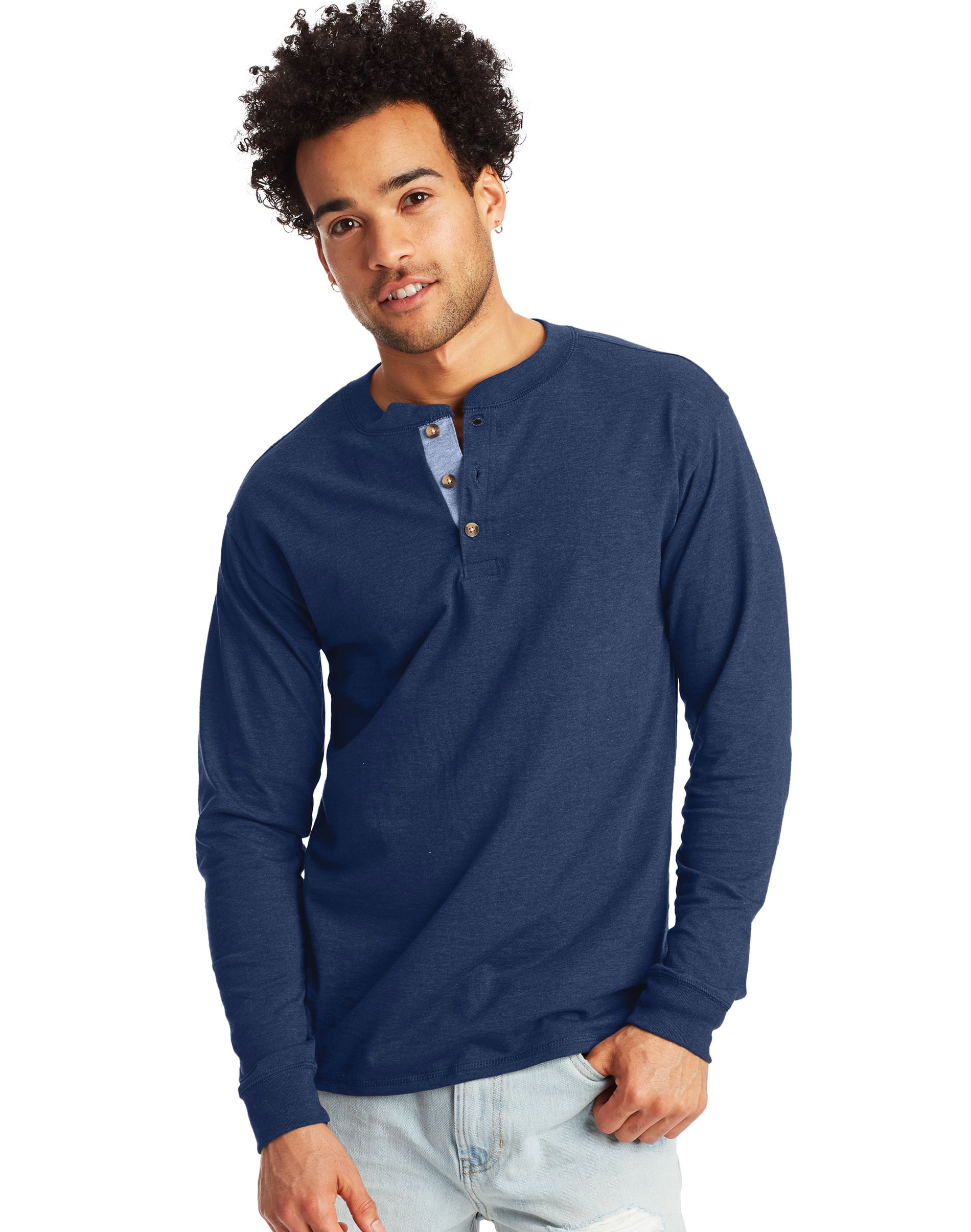 Hanes Men's Long-Sleeve Henley Shirt Beefy-T pure cotton 3 button S-3XL ...