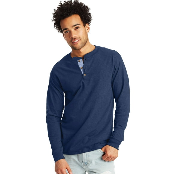 Hanes Men's Long-Sleeve Henley Shirt Beefy-T pure cotton 3 button S-3XL Tagless