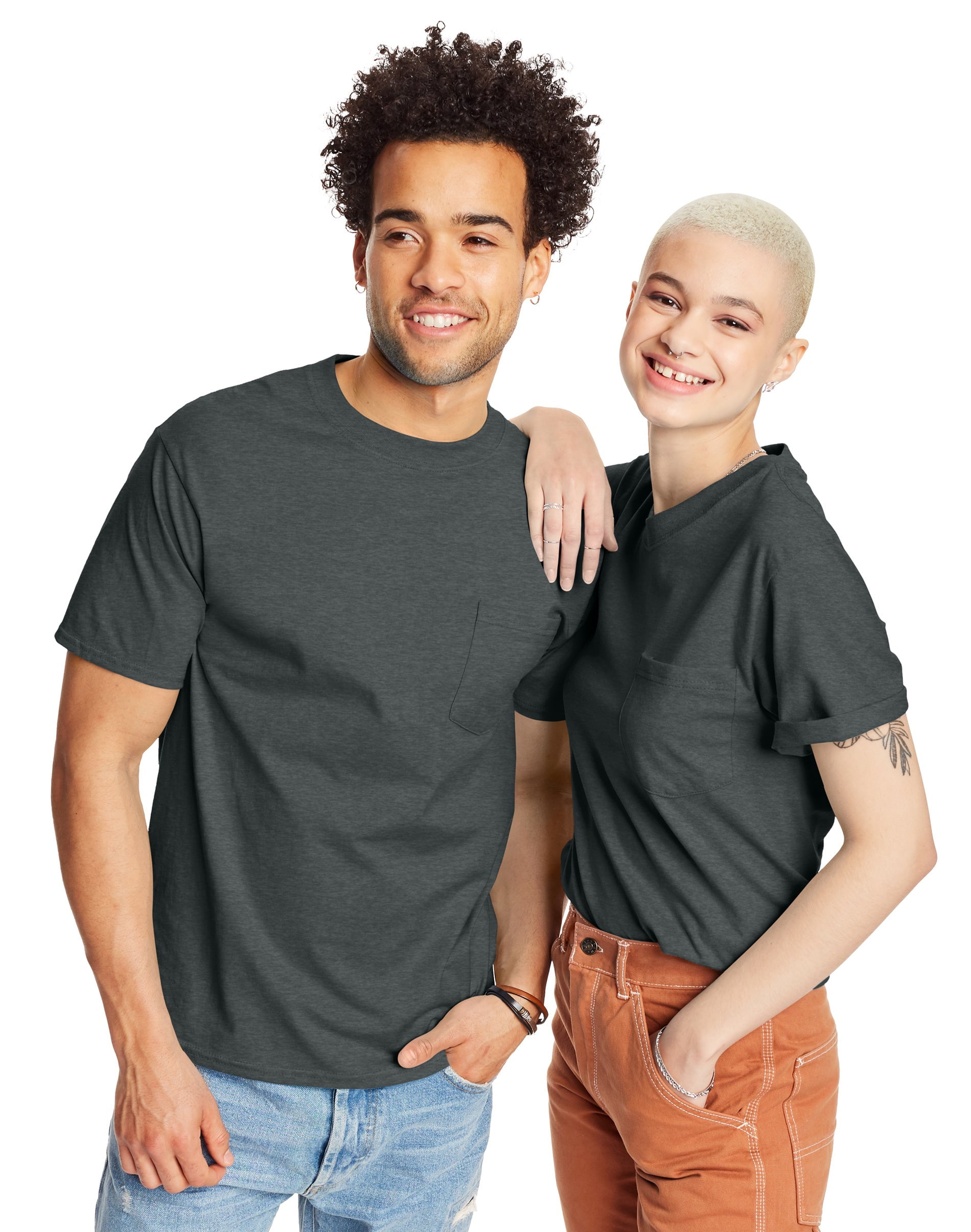 Hanes BeefyT Unisex Pocket TShirt, 2Pack Charcoal Heather L