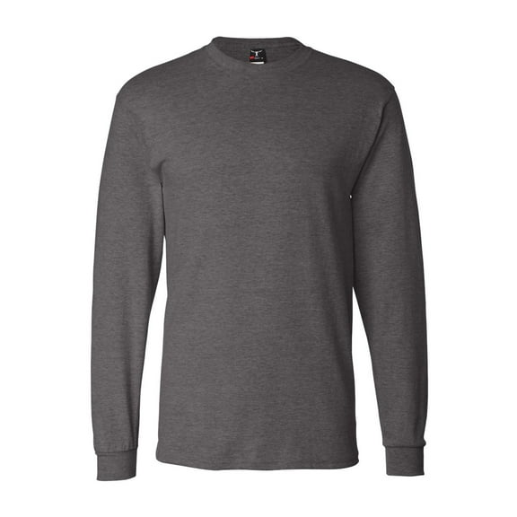 Hanes Men’s Beefy-T Long Sleeve T-Shirt, Crew Neck, Durable Pre-Shrunk Cotton, Charcoal Heather, 2XL