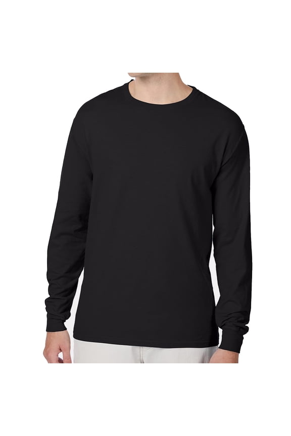 Men’s Beefy-T Long Sleeve T-Shirt, Crew Neck, Durable Pre-Shrunk Cotton Tee, Black, L