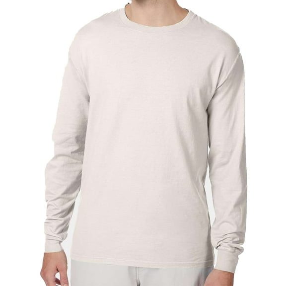 Hanes Men’s Beefy-T Long Sleeve T-Shirt, Crew Neck, Durable Pre-Shrunk Cotton Tee, Natural, M