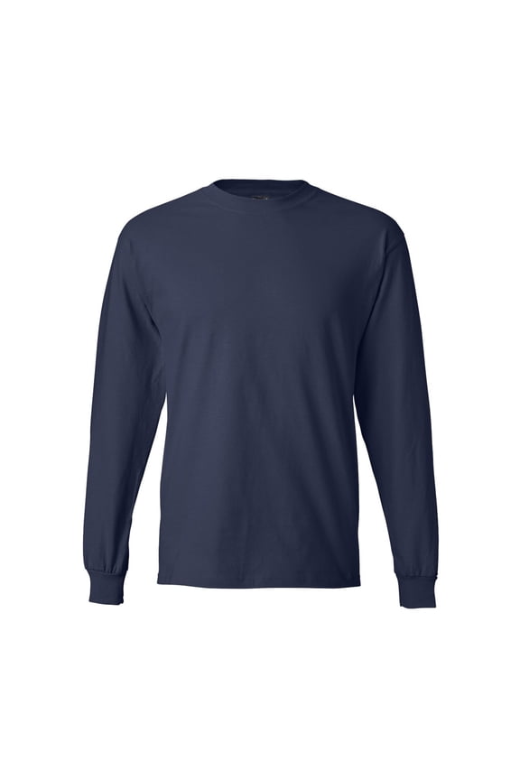 Men’s Beefy-T Long Sleeve T-Shirt, Crew Neck, Durable Pre-Shrunk Cotton Tee, Navy, L