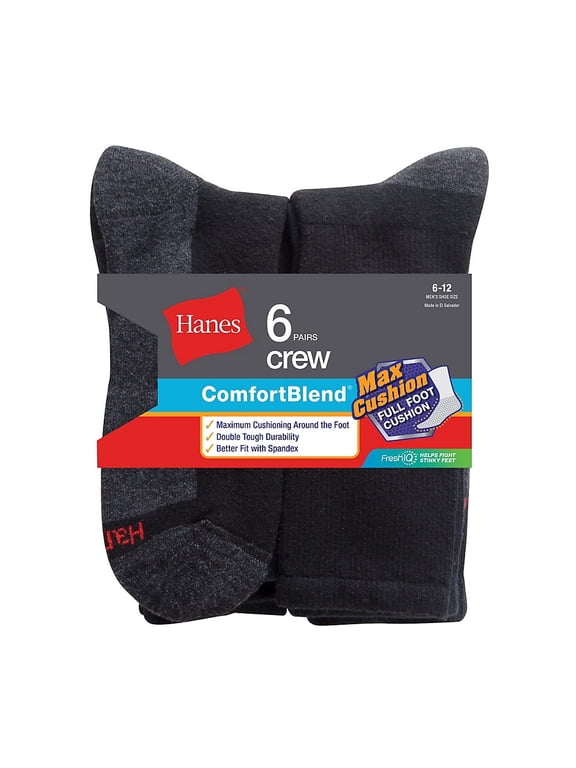 Men's Breathable Cushion Cotton Blend Crew Socks, Black (6-Pack)