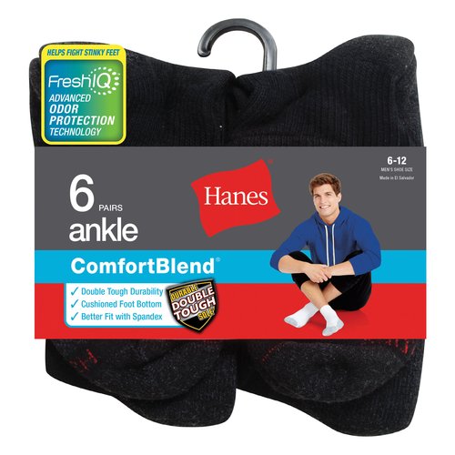 Hanes Men's 10-Pair Black Ankle Socks – ComfortBlend With Cushioned Sole, Sizes 6-12