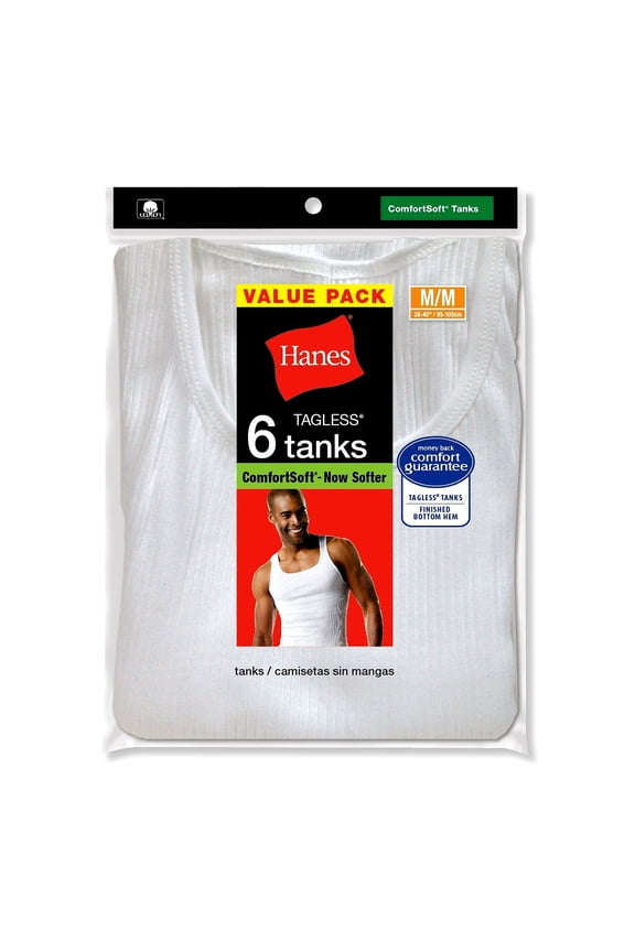 Men's 6-Pack ComfortSoft Tanks, White, Small