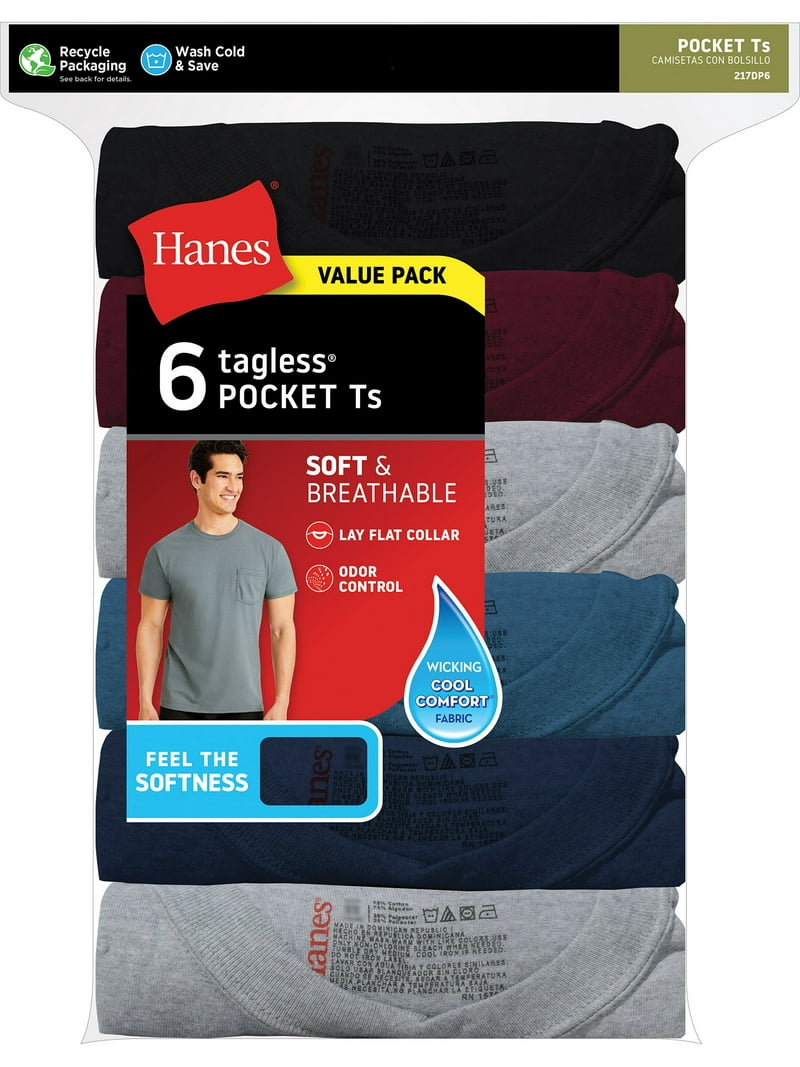 Hanes Men's ComfortSoft Tagless Pocket T-Shirt 6 Pack - Walmart.com