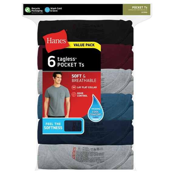 Hanes Men's ComfortSoft Tagless Pocket T-Shirt 6 Pack