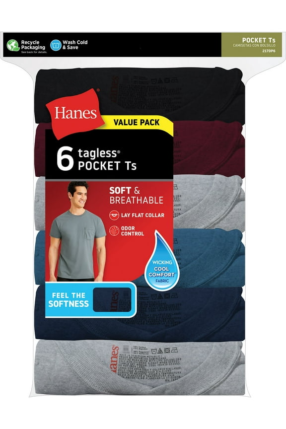 Men's ComfortSoft Tagless Pocket T-Shirt 6 Pack