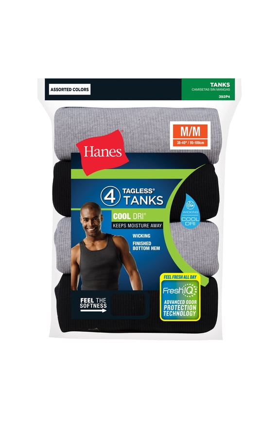 Men's ComfortSoft Moisture Wicking Tagless Tank Undershirts-Multipacks, Assorted 4-Pack, Large