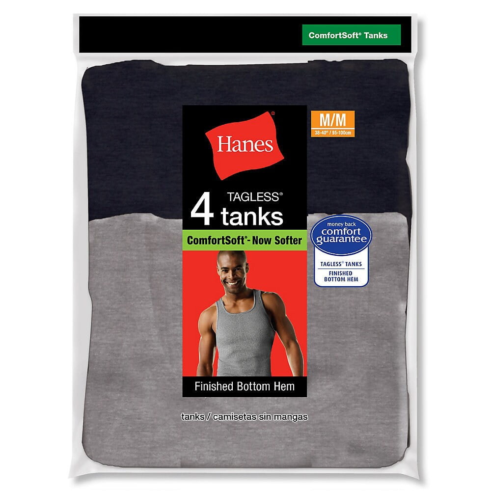 Hanes Men's ComfortSoft Tagless White Tanks, 3 Pack, Grey/Black