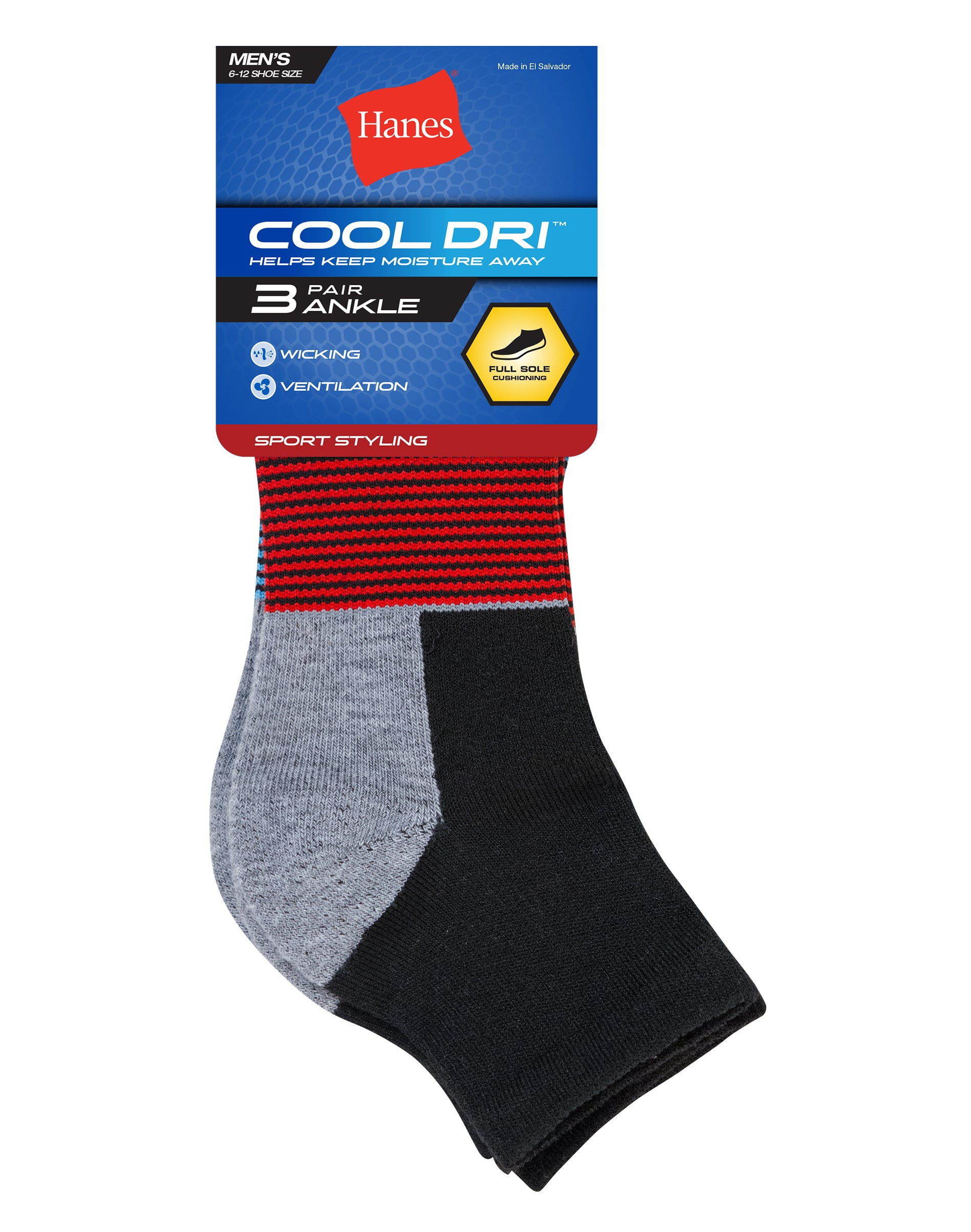 Cool DRI Men's Ankle Socks with Ventilation, 3-Pairs Black Assortment 6-12