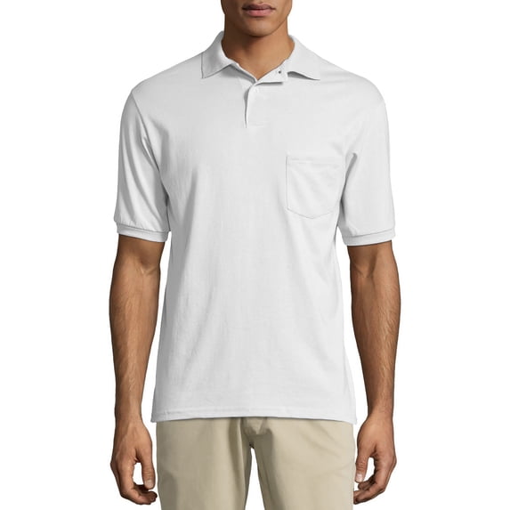 Hanes Men's Cotton-Blend EcoSmart® Jersey Polo with Pocket - White - S