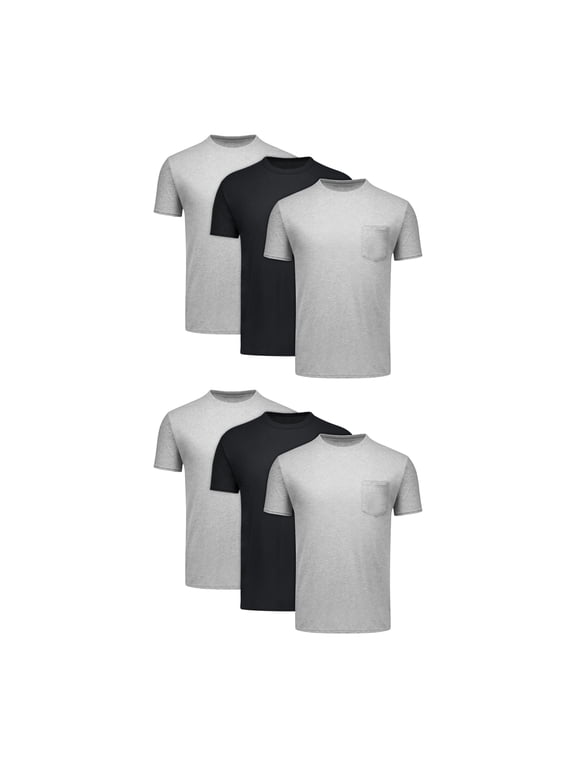 Men's Cotton Pocket T-Shirt Pack with Odor Control, Moisture-Wicking, Black/Grey, 6-Pack