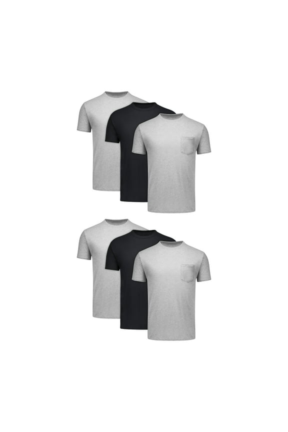 Men's Cotton Pocket T-Shirt Pack with Odor Control, Moisture-Wicking, Black/Grey, 6-Pack