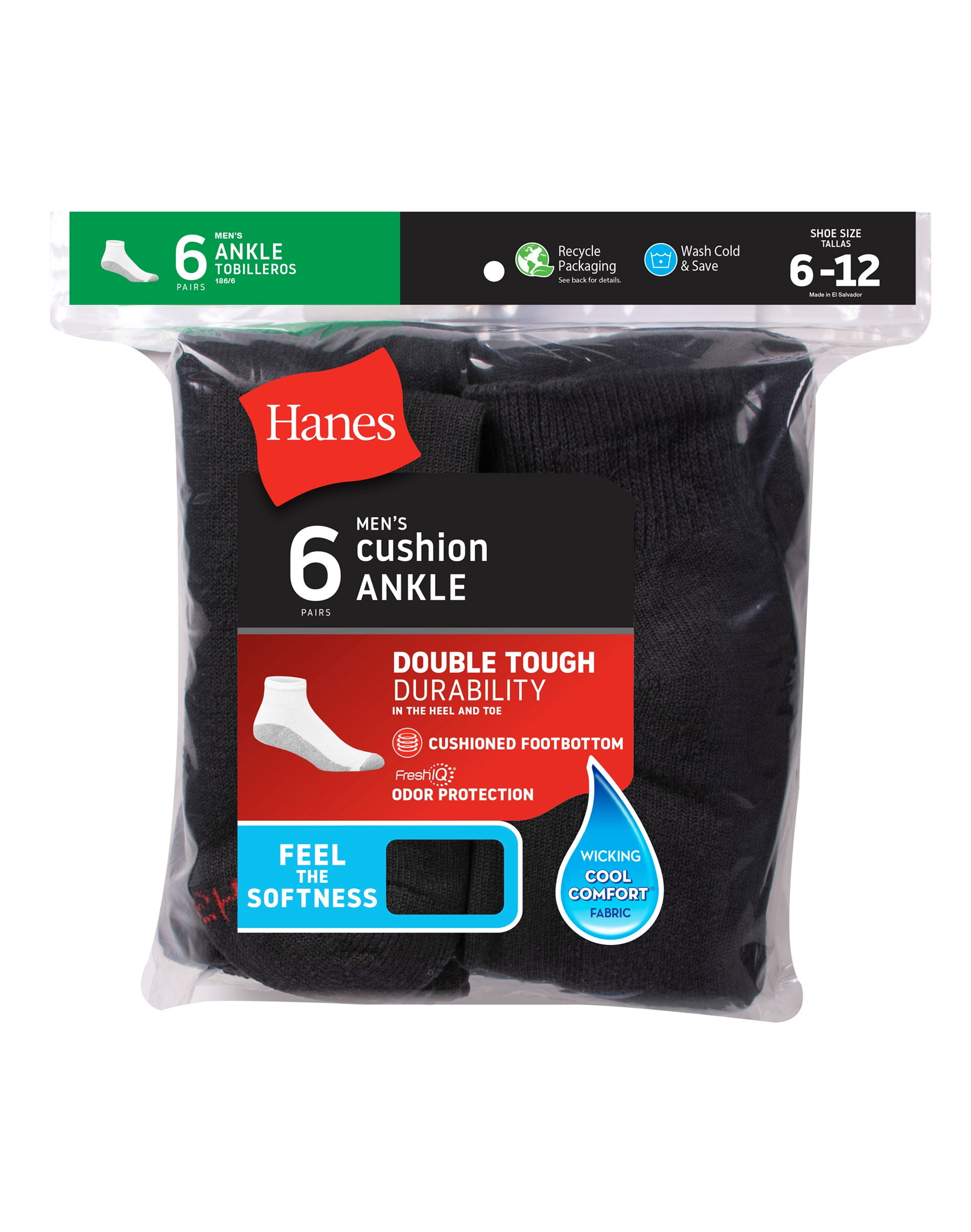 Hanes Men's Cushion Ankle Socks, 6Pairs Black 612
