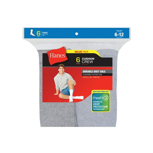 Hanes Men's Cushion Crew Socks, 6 Pack