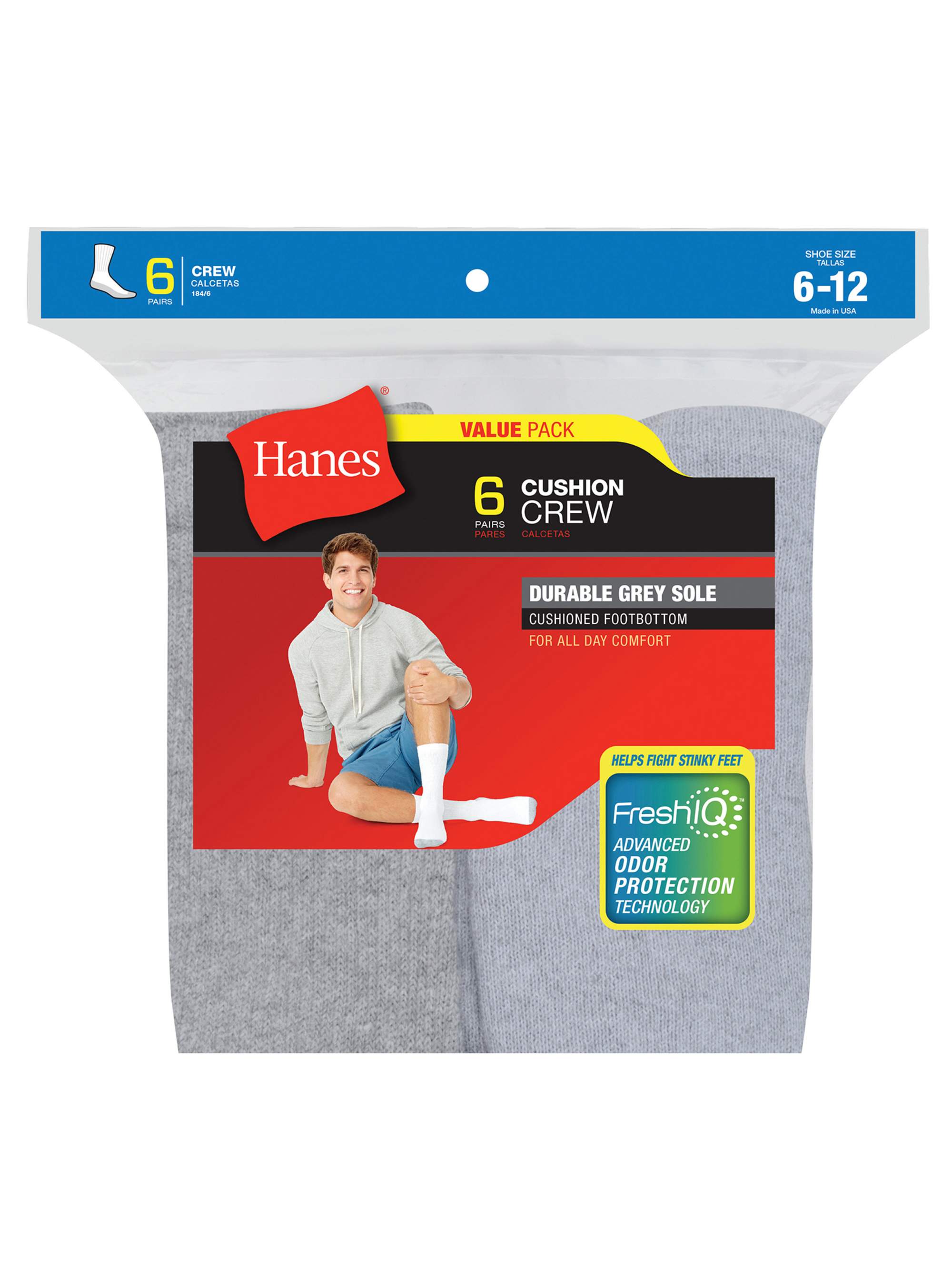 Hanes Men's Cushion Crew Socks, 6 Pack - image 1 of 3