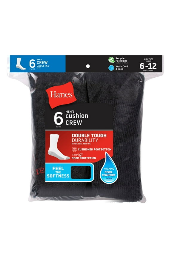 Men's Cushion Crew Socks, 6-Pairs Black 6-12