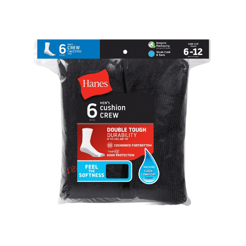 111 & COMPANY Hanes Men's Cushion Crew Socks, Black, 6-Pairs, Sizes 9-11 and 6-12