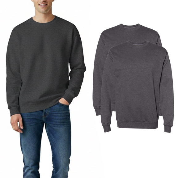 Hanes Men's EcoSmart Crewneck Sweatshirt, Long Sleeve Fleece Pullover, Charcoal Heather, 2-Pack, L