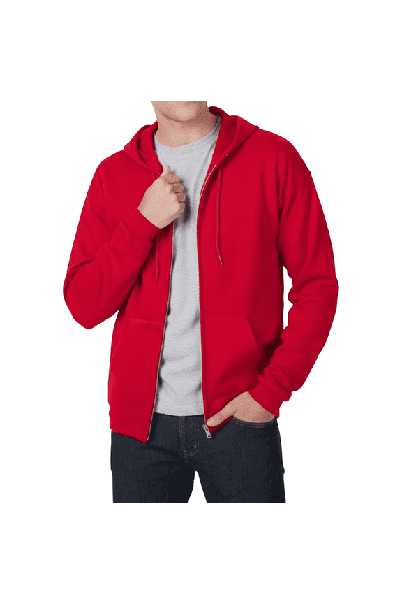 Men's EcoSmart Full-Zip Hooded Sweatshirt, Long Sleeve Pullover Pocket Hoodie, Deep Red, 2XL