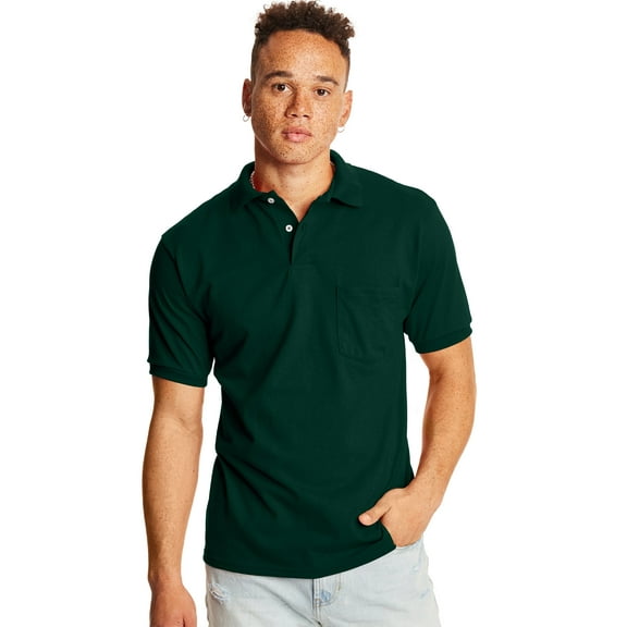 Hanes EcoSmart Men's Pocket Polo Shirt, 2-Pack Deep Forest L