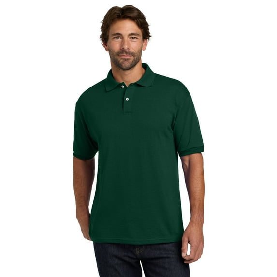Hanes Men's Ecosmart Jersey Polo, Short Sleeve Collared Shirt, 50-50 Cotton-Poly, Deep Forest, 2XL