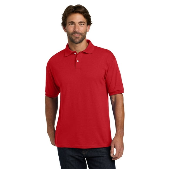 Hanes Men's Ecosmart Jersey Polo, Short Sleeve Collared Shirt, 50-50 Cotton-Poly, Deep Red, 2XL