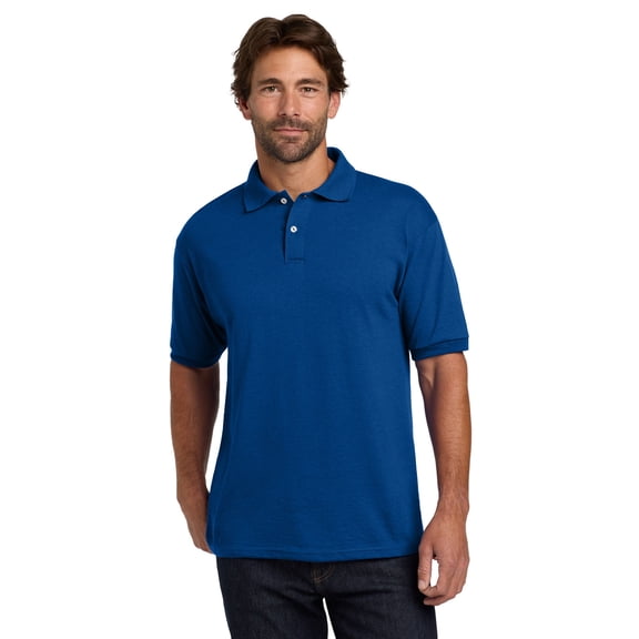 Hanes Men's Ecosmart Jersey Polo, Short Sleeve Collared Shirt, 50-50 Cotton-Poly, Deep Royal, L