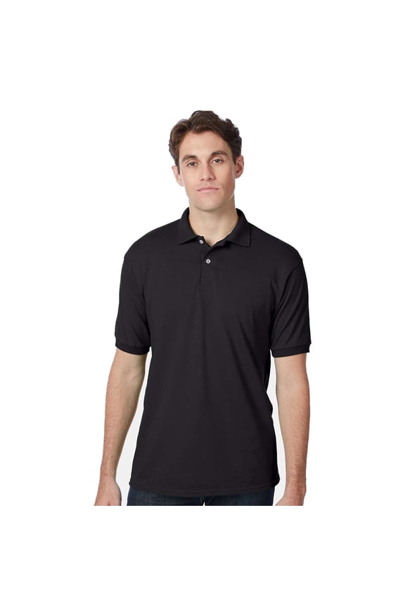 Men's Ecosmart Jersey Polo, Short Sleeve Collared Shirt, 50-50 Cotton-Polyester, Black, L