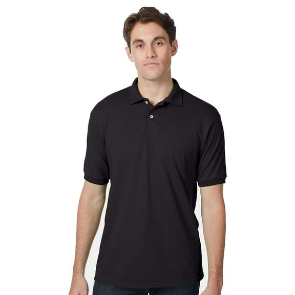 Hanes Men's Ecosmart Jersey Polo, Short Sleeve Collared Shirt, 50-50 Cotton-Polyester, Black, M