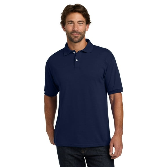 Hanes Men's Ecosmart Jersey Polo, Short Sleeve Collared Shirt, 50-50 Cotton-Polyester, Navy, L