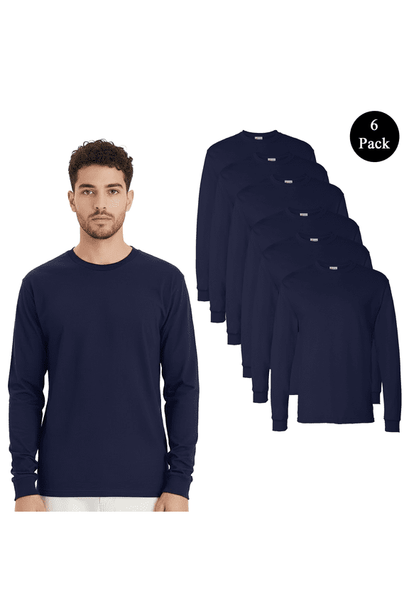 Men's Essential-T Long Sleeve T-Shirt, 6-Pack, Durable Crew Neck Comfy Casual Navy Tee, L