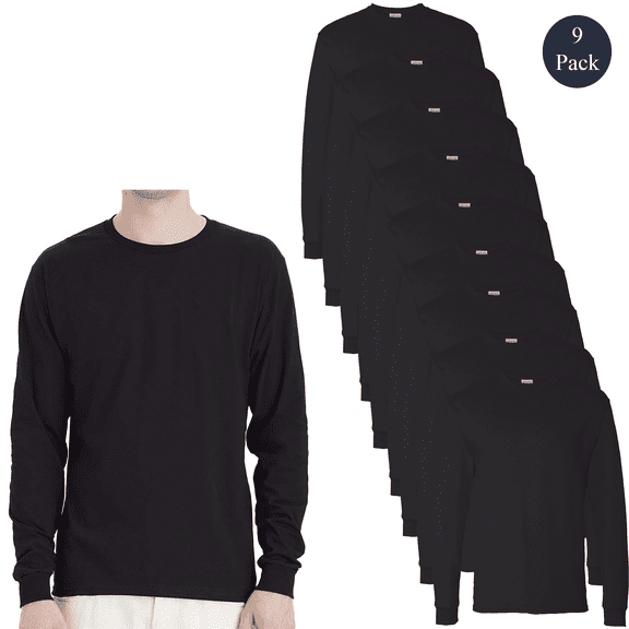 Hanes Men's Essential-T Long Sleeve T-Shirt, Crew Neck Classic Fit Durable Tee, Black, 9-Pack, S