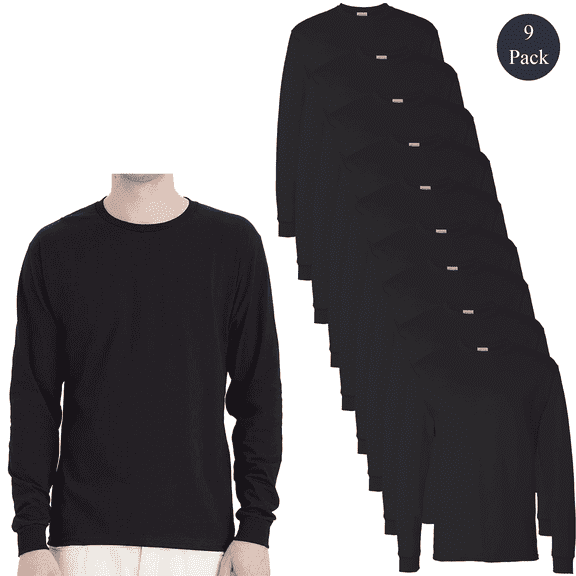 Hanes Men's Essential-T Long Sleeve T-Shirt, Crew Neck Classic Fit Durable Tee, Black, 9-Pack, S